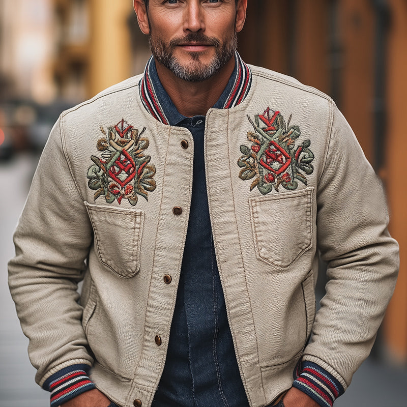 Men's Khaki Grainy Textured Embroidered Jacket MTA2699C7U
