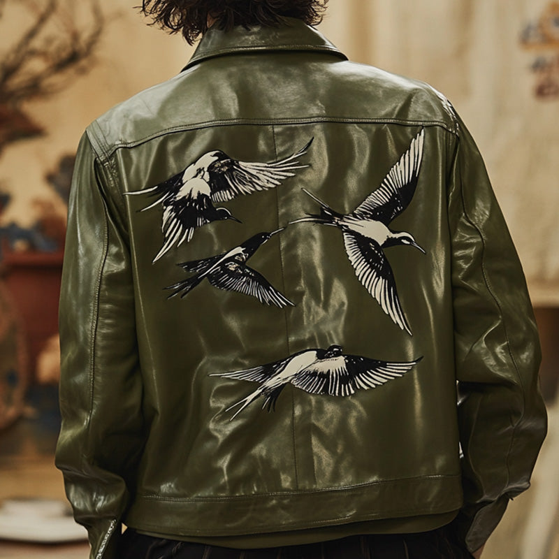 Men's Spring Fashion Vintage Embroidered Leather Jacket MTA1269D3P