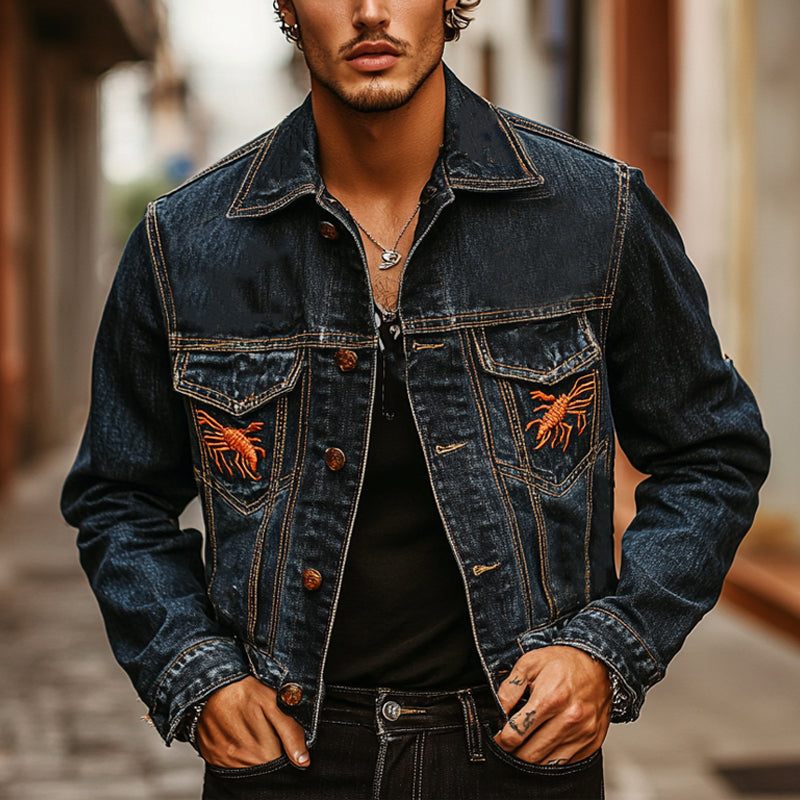 Men's Casual Vintage Embroidered Thin Denim Jacket MTA2280D0X