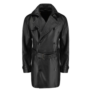 Black leather belted and double breasted trench coat
