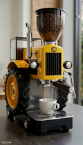 Coffee grinder designed like a vintage tractor pouring coffee into a cup.