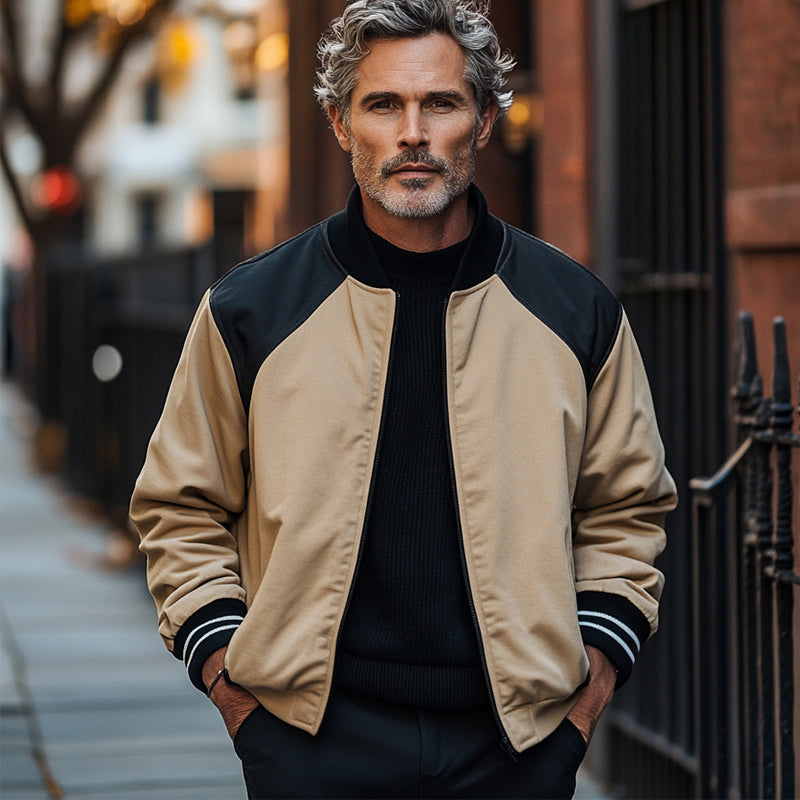 Men's Retro Black Camel Colorblock Zipper Baseball Jacket 26399305U