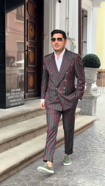 Burgundy and Green Double-breasted Pinstripe Suit