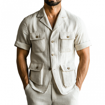 Men's Casual Breathable Linen Cuban Collar Multi-pocket Slim Fit Short Sleeve Safari Jacket MTA2920E8M