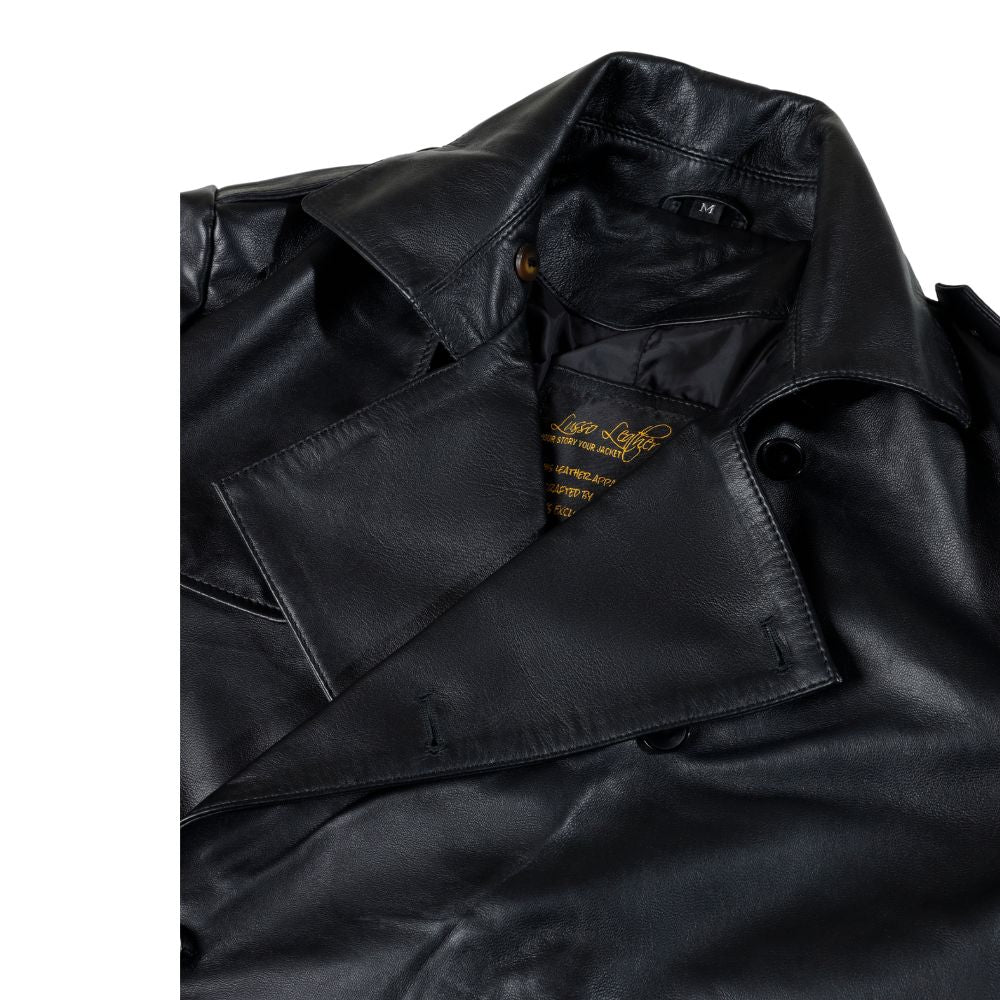 Black leather belted and double breasted trench coat