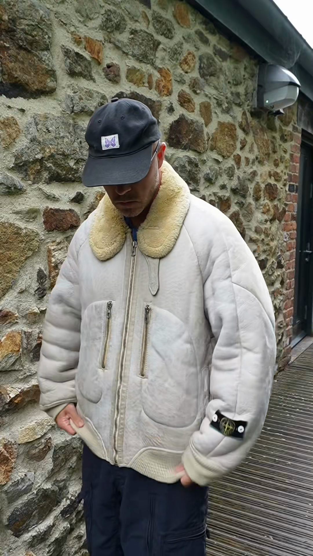 Beige Shearling - Collared Bomber Jacket