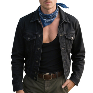 Men's Retro Western Style Washed Denim Lapel Cropped Jacket MTA1421E8TO