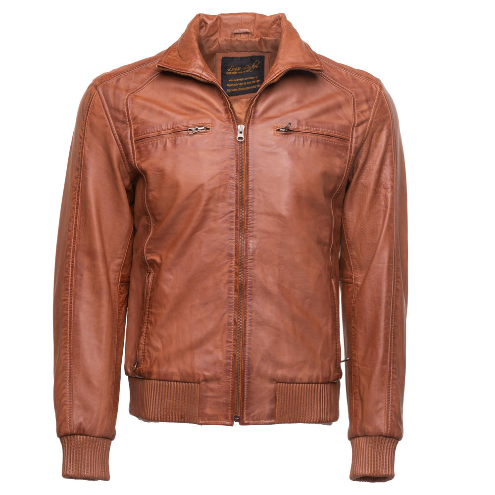 Beltrans sand washed leather jacket with stretch leather hems & cuffs