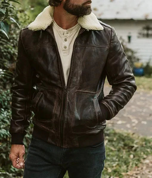 Choco Brown Leather Bomber Jacket