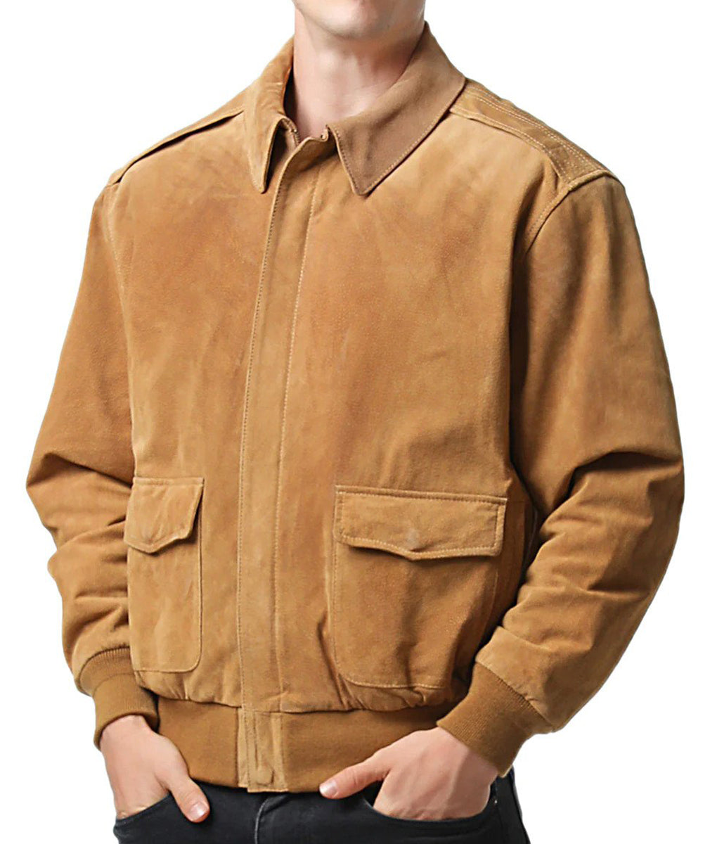 Khai Men’s Caramel RAF A2 Flight Bomber Suede Jacket