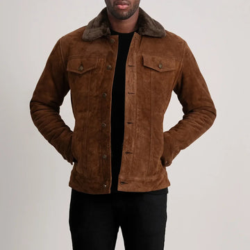 Dallis Brown Suede Shearling Trucker Jacket