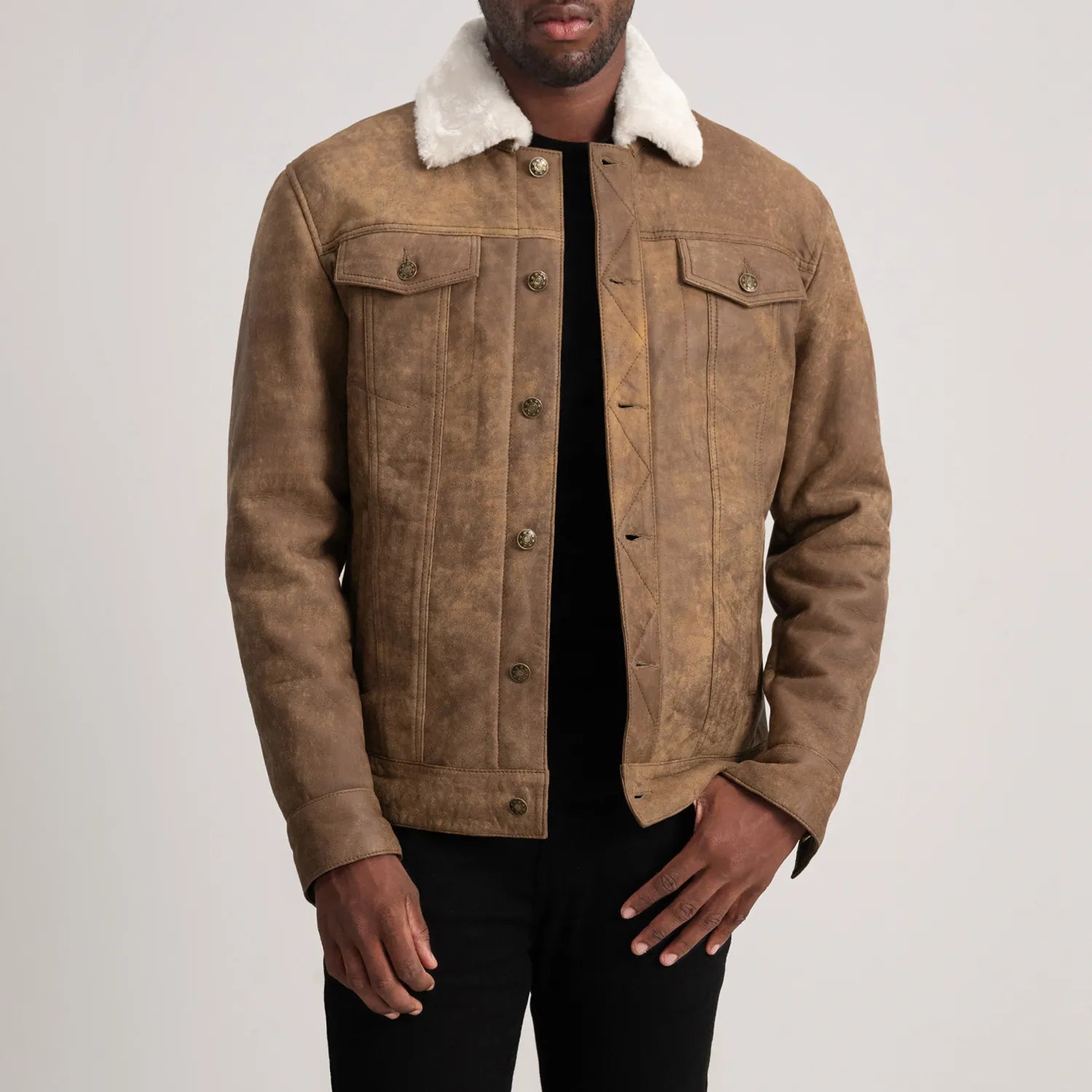 Dallis Distressed Brown Leather Shearling Trucker Jacket