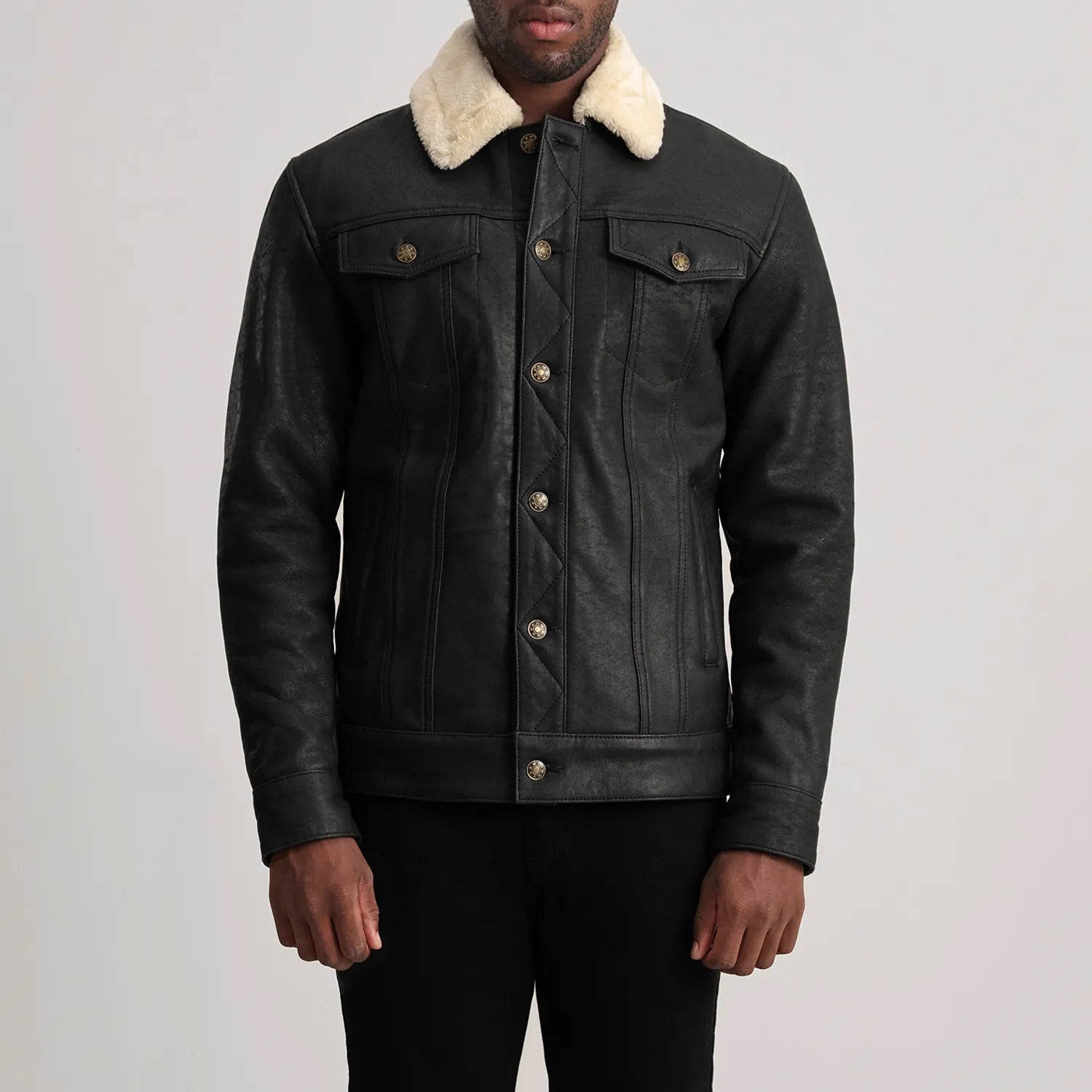 Dallis Distressed Black Leather Shearling Trucker Jacket