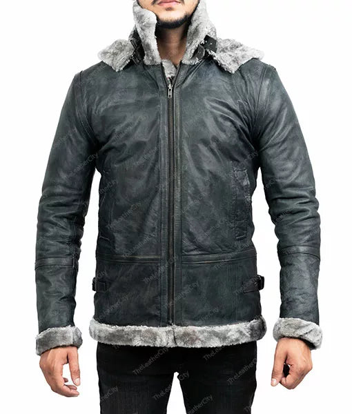 Men’s Grey Shearling Jacket With Hood