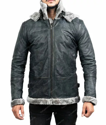 Men’s Grey Shearling Jacket With Hood