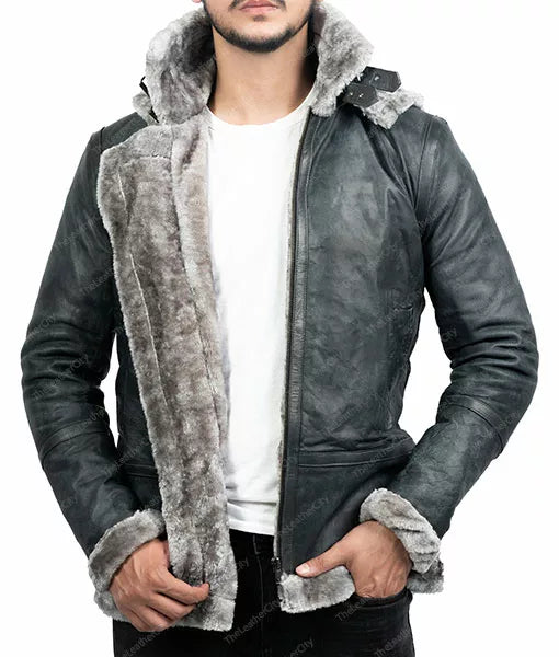 Men’s Grey Shearling Jacket With Hood