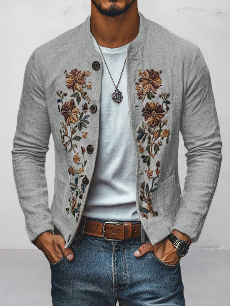 Floral Embroidered Cotton Linen Shirt Jacket