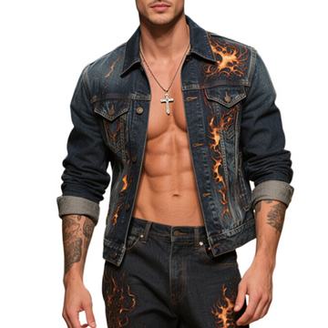 Men's Retro Casual Washed Denim Flame Print Lapel Single Breasted Jacket  MTA2921E0TO