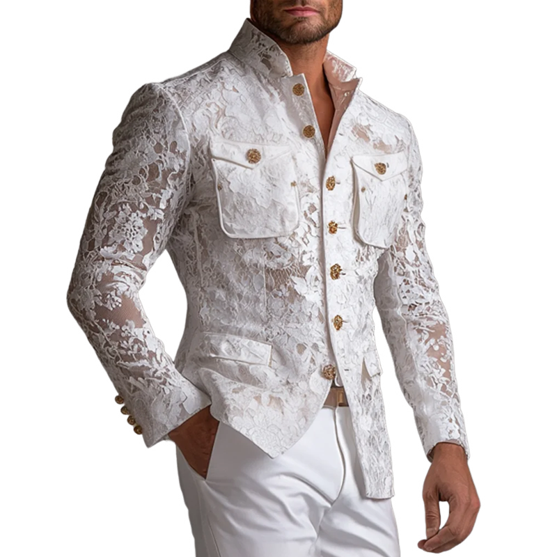 Men's Lace Stand Collar Multi-pocket Long Sleeve Jacket MTA0973F2Z